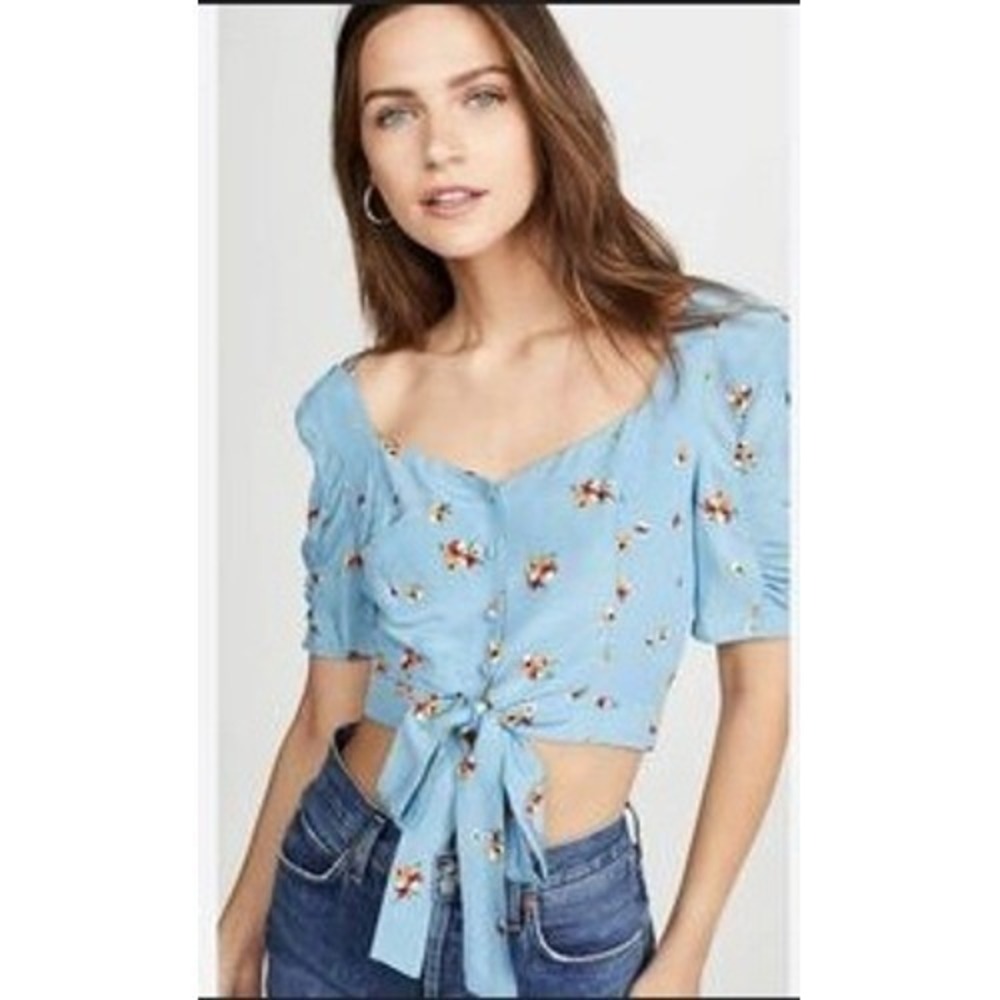 ASTR The Label Blue Floral Tie Front Square Neck Puff Sleeve Crop‎ Top Size S